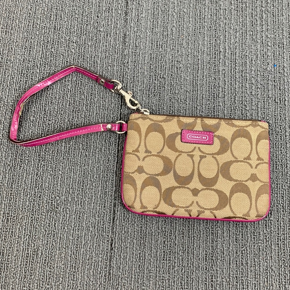 Coach Wristlet Wallet Womens Small Khaki Canvas Fuchsia Signature Clutch Purse